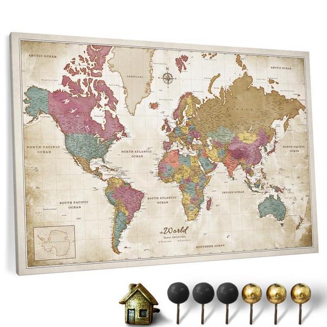 Canvas World Map with Cork Pin Board - English Lettering - Decorative Wall Decoration for All Rooms - Canvas Pictures with World Map Motif (70x50 cm, Pattern 20)