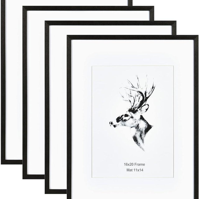 Yaetm 16x20 Picture Frame Matted to 11x14 Set of 4, Solid Wood Black Poster Frame 16 x 20 inches, Wall Gallery Photo Frames for Horizontal and Vertical Wall Mounted (4 pack, Black)