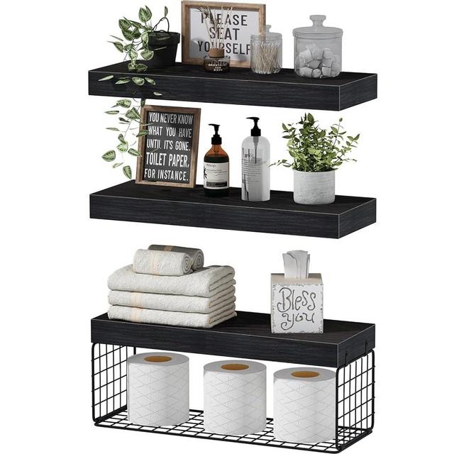 QEEIG Black Bathroom Shelves Over Toilet Wall Mounted Floating Shelves Farmhouse Shelf Toilet Paper Holder Small 16 inch Set of 3
