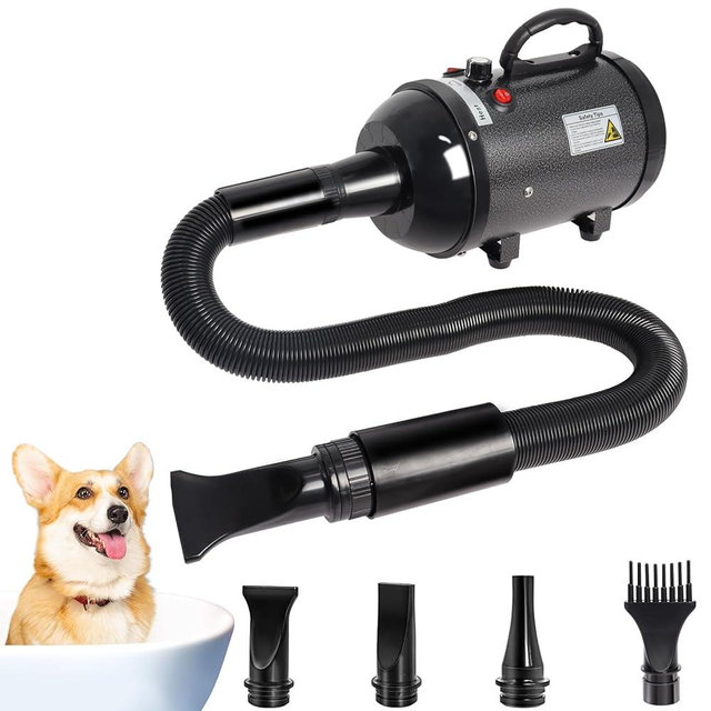 Large Dog Grooming Dryer - 5.2HP 3800W High Velocity Hair Dryer with Heater, Adjustable Temperature, and 4 Nozzles (Black)