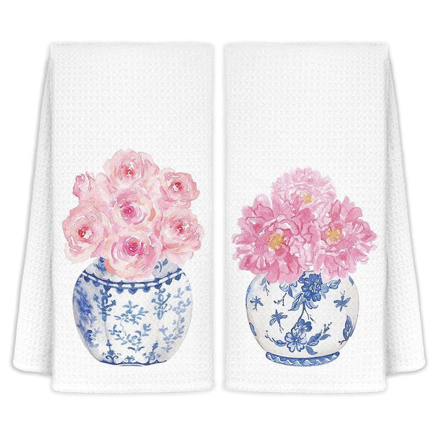 CIOJUNE Chinoiserie Roses Kitchen Towels Set of 2, Chinoiserie Decor, Blue and White Kitchen Towels, Blue and White Kitchen Decor, Blue and Pink Decor, Blue and Pink Towels, Rose Decor 16x24