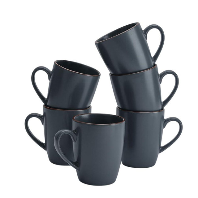famiware Venus Coffee Mugs for 6, 14 oz Mug Set, Dringking Cup with Handle for Coffee, Tea, Cocoa, Milk, Charcoal