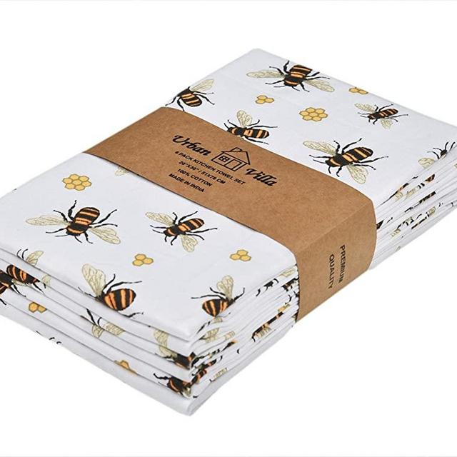 Urban Villa Kitchen Towels, Honey Bee Print Multi Color, Premium Quality,100% Cotton Dish Towels, Mitered Corners ,(Size: 20X30 Inch), Highly Absorbent Bar Towels & Tea Towels - (Set of 6)