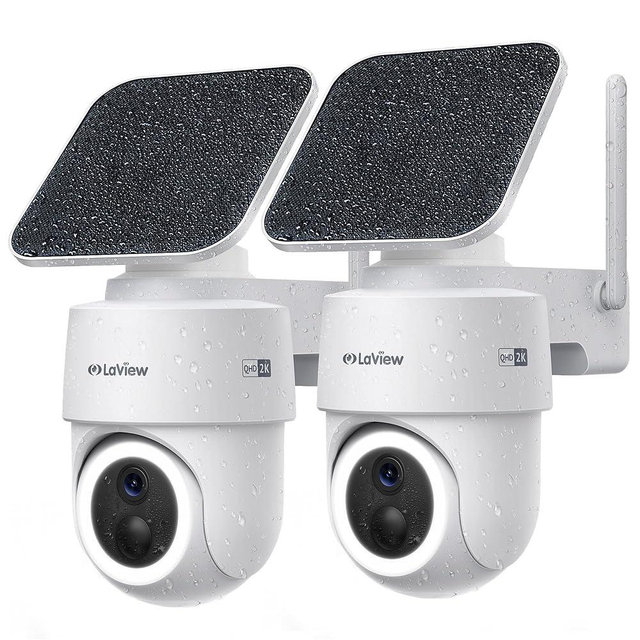LaView 2K 3MP Solar Security Cameras Wireless Outdoor, Cameras for Home Security, 360° Pan & Tilt Rechargeable Battery Outdoor Camera, IP65, Color Night Vision, Two-Way Audio, Work with Alexa(2 Pack)