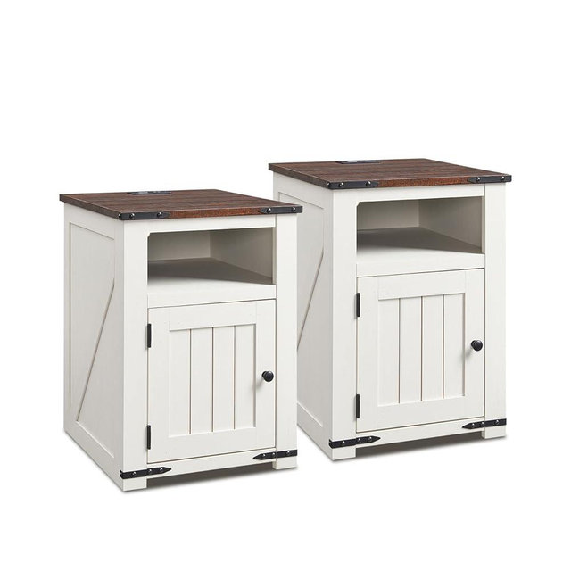 Farmhouse Night Stands Set of 2, 20" End Table w/Charging Station, Rustic Wood Bedside Table w/Groove Barn Door, Side Table with Storage w/Open & Adjustable Shelf for Bedroom, Living Room (White)