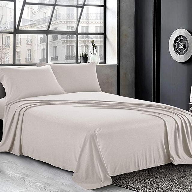 Pure Bedding Jersey Sheets King [4-Piece, Light Gray] Cotton Bed Sheets - Extra Soft Cotton Sheet Set, Cozy T-Shirt All Season Heather Sheets - Deep Pocket Fitted Sheet, Flat Sheet, Pillow Cases