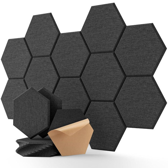 Soundsbay Acoustic Panels, 12 Pack Hexagon Soundproof Wall Panels High Density Sound Absorbing Panel, Sound Proof Foam Panels for Walls, Office, Reccording Studio, Ceiling 12" X 10" X 0.4" Black