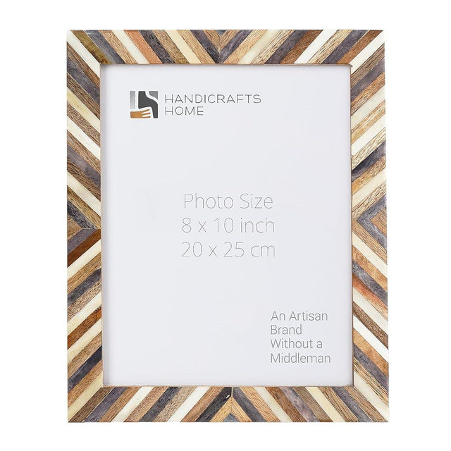 Handicrafts Home 8x10 Picture Frame- Herringbone Chevron Pattern Bone & Resin Inlay Photo Frame – Handmade Picture Photo Frame Chevron Herringbone Art Inspired Vintage Table-Top/Wall Décor Frames (8x10 Inches, Gray,White,Wood) - Hypno Daze