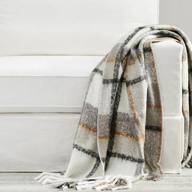 Easton Plaid Mohair Throw, 50 x 60", Gray/Natural