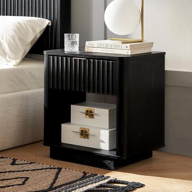 Mopio Brooklyn Black Night Stand, Modern Farmhouse Nightstand, Small Side Table, Bedside Table with Drawer, End Table with Storage, Fluted Panel, Curved Profile, Rose Gold Handle, Bedroom, Living Room