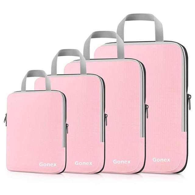 Gonex Compression Packing Cubes, 4pcs Expandable Storage Travel Luggage Bags Organizers (Pink)