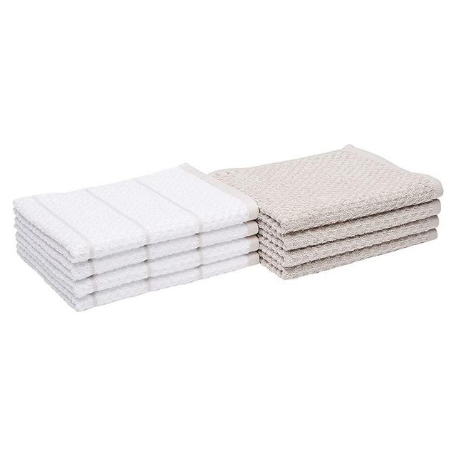 Amazon Basics 100% Cotton Terry Kitchen Dish Towels, Popcorn Texture - 8-Pack, Beige Stripe