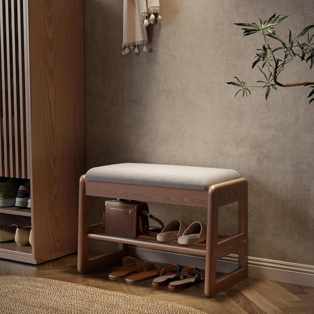 AQIMUELE Small Shoe Bench with Cushion,2 Tiers Shoe Rack Bench with Flip-Top Storage,Wood Shoe Rack for Entryway（Walnut,23.62"）
