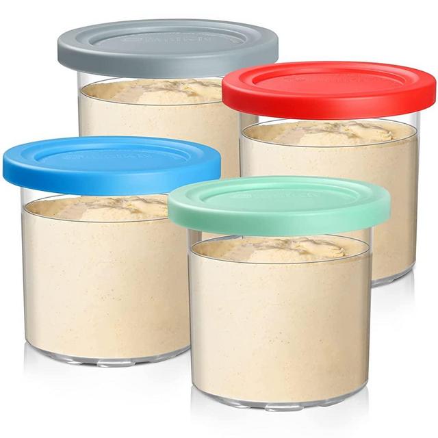 Omnikit Containers Replacement for Ninja Creami Pints and Lids - 4 Pack , 16oz Cups Compatible with NC301 NC300 NC299AMZ Series Ice Cream Maker - Dishwasher Safe, Leak Proof Lids Red/ Mint/ Grey/ Blue