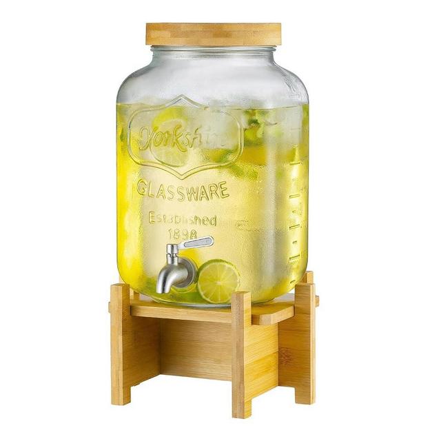 Drink Dispenser with Wood Stand and Lid,2 Gallon Glass Beverage Dispenser with Stainless Steel Spigot for Parties,Picnics,Barbecues,Lemonade,Sun tea Jar,ice coffee,Laundry Detergent Dispenser