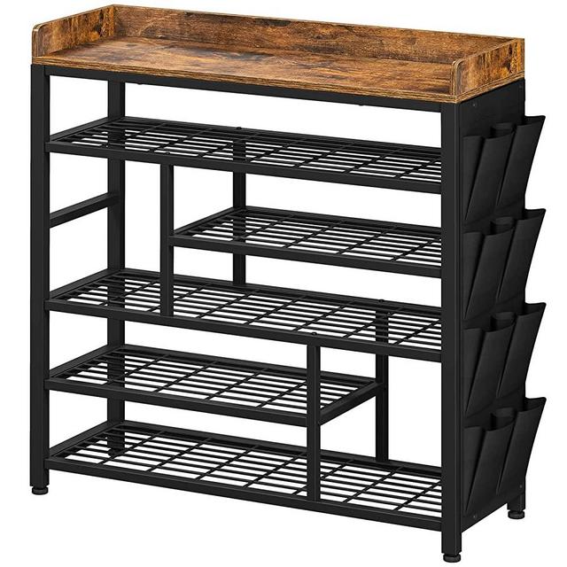 EnHomee Shoe Rack for Entryway Metal Shoe Racks for 20-24 Pairs Free Standing Shoe Rack with Boots Storage Sturdy Shoe Shelf Wooden Top & Side Pocket for Entry, Entrance, Hallway, Black