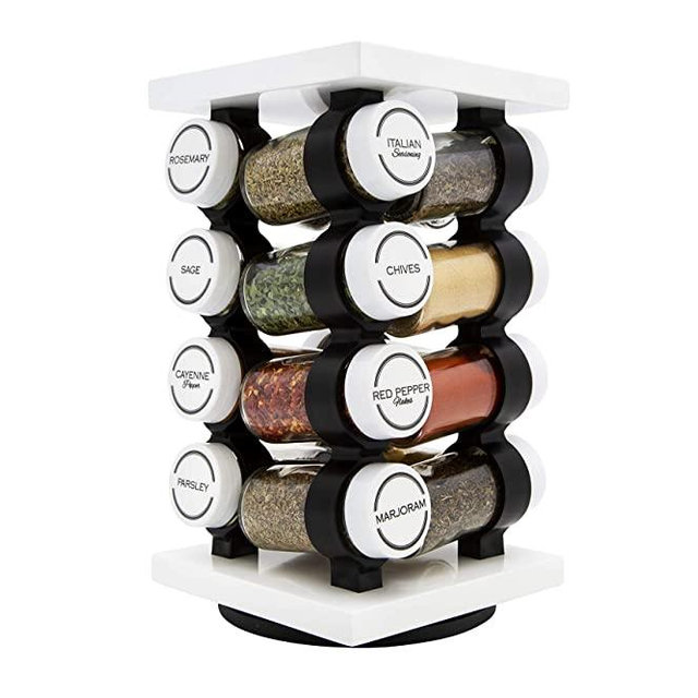Orii Spice Rack 16 Jar Rotating Counter Top Spice Organizer with Spices Included - White Space Saving Carousel Tower Organizer & Airtight Glass Jars for Kitchen Spices, Free Spice Refills for 5 Years