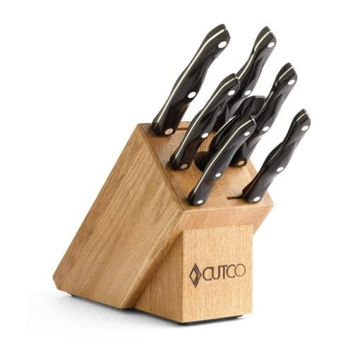 CUTCO Model 2007 Galley Set w/Honey Oak Block. 6 High Carbon Stainless knives & one fork w/Classic Dark Brown handles (often called"Black"). Come in factory-sealed plastic bags