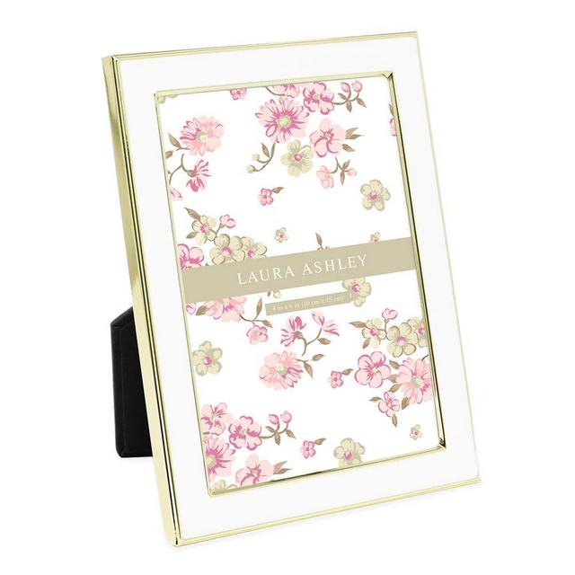 Laura Ashley 4x6 White Enamel, Gold Metal Edge Picture Frame with Easel, Made for Tabletop Display, Desk, Wall Décor, Gallery Art and More (4x6, White w/Gold)