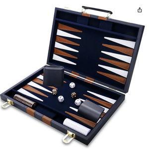 Backgammon Set - Classic Board Game with Premium Leather Case - Portable Travel Strategy Backgammon Game Set for Adults, Kids - Suitable as (11inch, Navy)