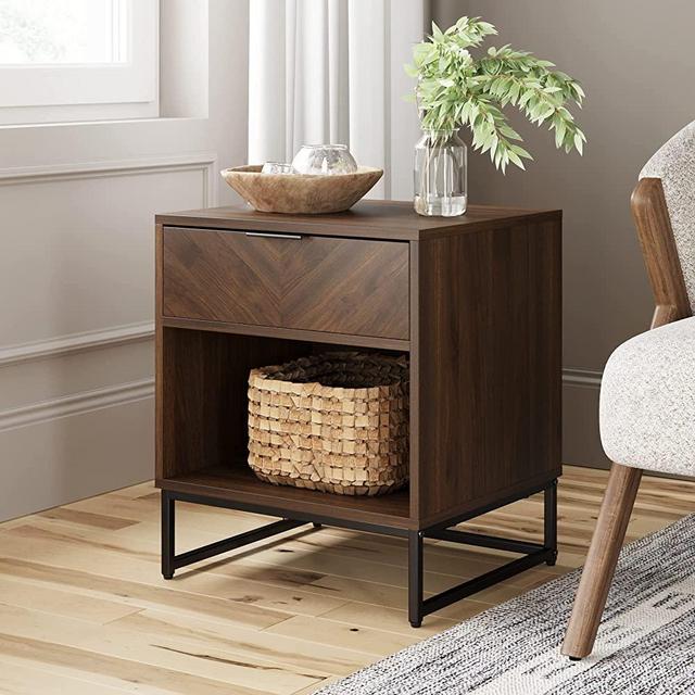 Nathan James Kensi Wood Accent Nightstand End Open Lower Cubby and Drawer for Bedroom or Living Room as Side Sofa Table with Storage, Walnut/Black