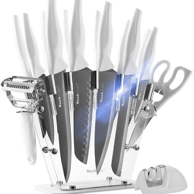 Wanbasion 16 Piece White Knife Set for Kitchen with Block, Stainless Steel Chef Knife Set, Kitchen Knife Set with Steak Knives Knife Sharpener Peeler Scissors Acrylic Block