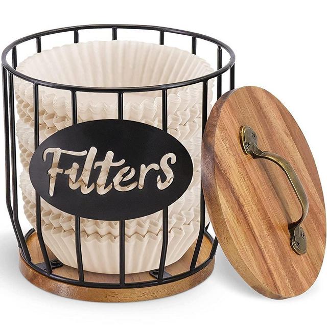 Luneodoki Rustic Coffee Filter Holder with Lid, Acacia Coffee Filter Storage Container Basket, Round Coffee Filter Dispenser Coffee Filter Container for Counter, Coffee Bar Accessories Decor