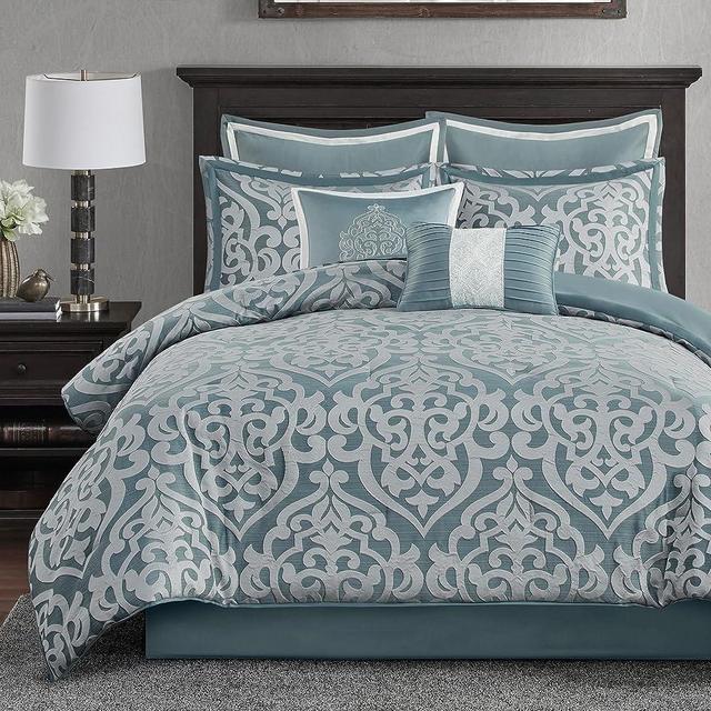 Madison Park Odette Cozy Comforter Set Jacquard Damask Medallion Design - Modern All Season, Down Alternative Bedding, Shams, Decorative Pillows, Queen(90 in x 90 in), Aqua