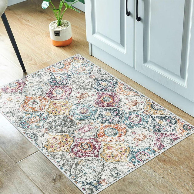 Lahome Moroccan Trellis Entryway Rugs, 2x3 Washable Door Mat Indoor Entrance Non Slip Small Rug, Ultra-Thin Soft Kitchen Rugs Boho Throw Rug for Bathroom Bedroom Laundry (Aqua/Multi,2x3ft)