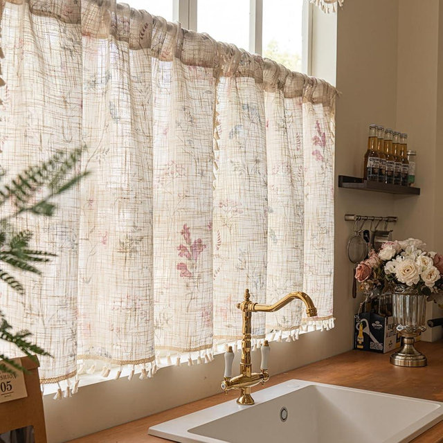 RoomTalks Boho Floral Kitchen Curtains 36 Inch Length 2 Panels Modern Farmhouse Vintage Wildflowers Chic Tassel Short Panels Privacy Linen Cute Tier Cafe Curtains for Small Window Kitchen Bathroom