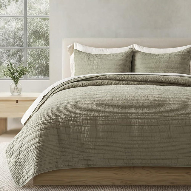 EVERGRACEHOME 100% Cotton Modern Lines Quilt Set Queen Size, Pre-Washed Soft Striped Coverlet Bedspread, 3 Piece Lightweight Bedding Set for All Season, with 2 Pillow Shams, Light Sage