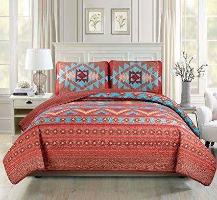 Western Southwestern Native American Tribal Navajo Design Multicolor TurquoiseRed Orange Brown Bedspread Quilt Set (King / Cal-King)