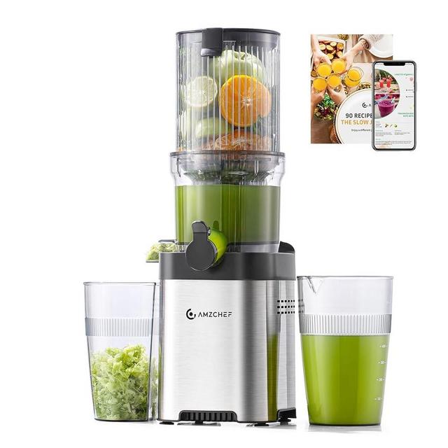 AMZCHEF Cold Press Juicer, Juicer Machines - 4.6" Large Feed Chute for Whole Fruits & Vegetables, Stainless Steel Slow Masticating Juicer Easy to Clean, Large Auger, Double Strainers, Silver