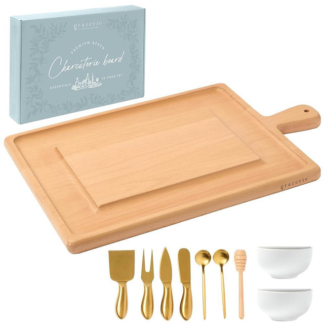 Grazerie Charcuterie Board Gift Set - Beech Serving Board with Handle and Complete Knife Set with Bowls for Entertaining - 10 Piece Set for House Warming Wedding Gift