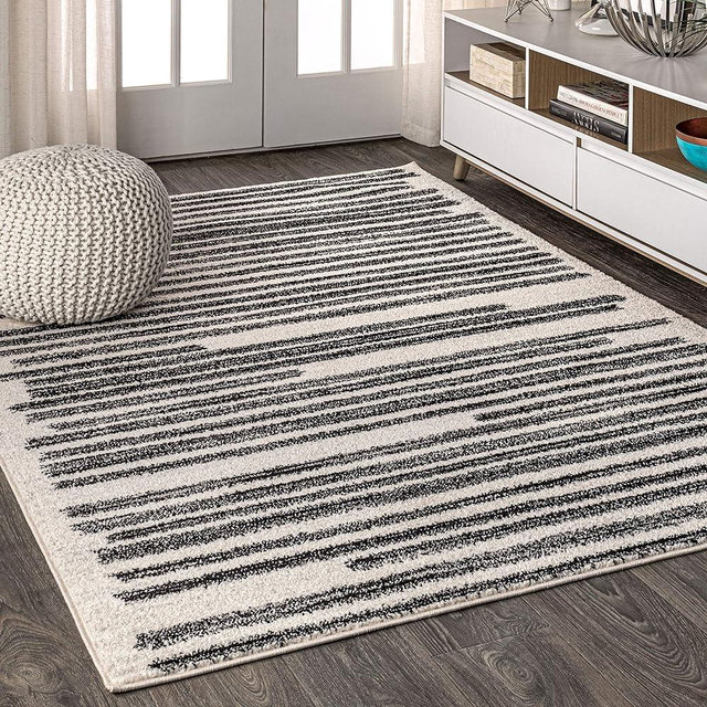 JONATHAN Y MOH207A-9 Khalil Modern Berber Stripe Area Rug, Bohemian, Minimalistic for Bedroom, Kitchen, Living Room, Easy-Cleaning, Cream/Black, 9 ft. x 12 ft.