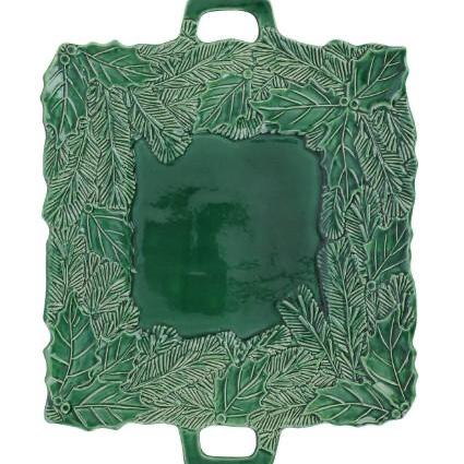 Vietri Lastra Holiday Green Figural Square Handled Platter