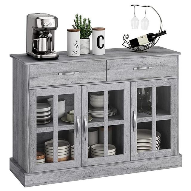 FOTOSOK Modern Buffet Sideboard, Glass Door Buffet Cabinet Kitchen Sideboard with 2 Storage Drawers & Shelves, Bar Wine Cabinet Console Table for Dining Living Room, Gray Oak