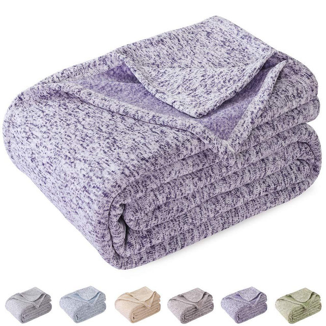 KAWAHOME Summer Knit Blanket Lightweight Breathable Fuzzy Heather Jersey Thin Blanket for Couch Sofa Bed King Size 108 X 90 Inches Purple and White