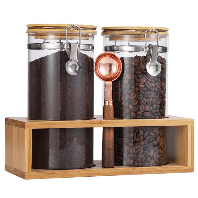 GURUDAR Glass Coffee Storage Container with Bamboo Shelf, 2PCS 49oz Airtight Sealed Coffee Bean Jar with Clamp Lid & Measuring Spoon, Kitchen Pantry Canister Set for Ground Coffee Sugar Tea Flour