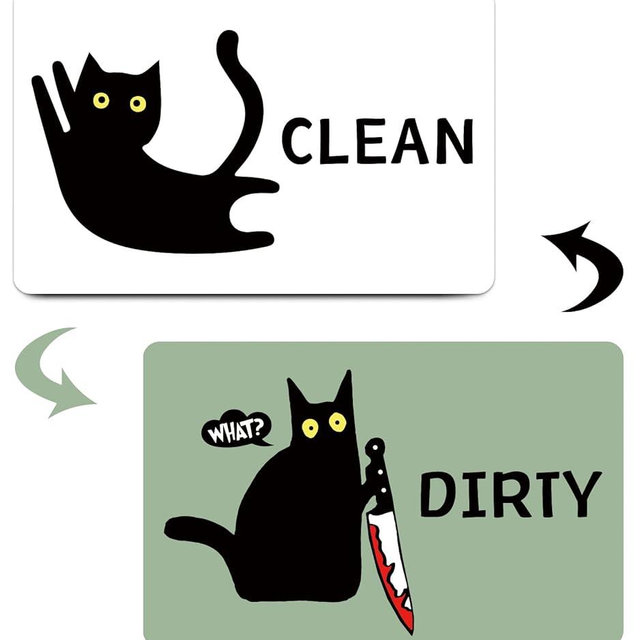 HSSPIRITZ Funny Cat Cute Cartoon Clean Dirty Dishwasher Magnet, Washing Machine Magnet Flip, Black Cat Kitchen Refrigerator Clean Dirty Sign, Double Sided Strong/Non Scratch(White & Green)
