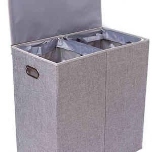 BirdRock Home Double Laundry Hamper with Lid and Removable Liners | Linen | Easily Transport Laundry | Foldable Hamper | Cut Out Handles