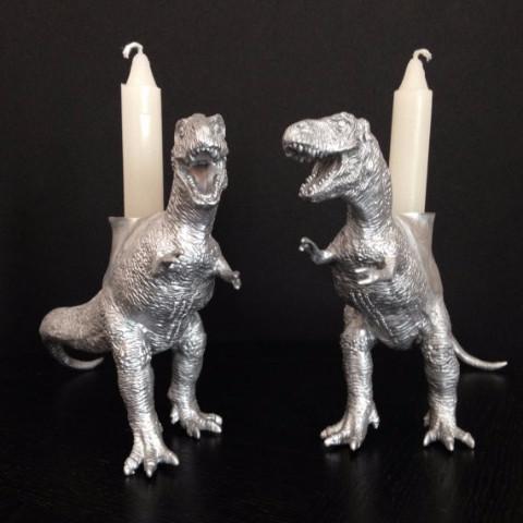 Dinosaur Shabbat Candlesticks in Silver