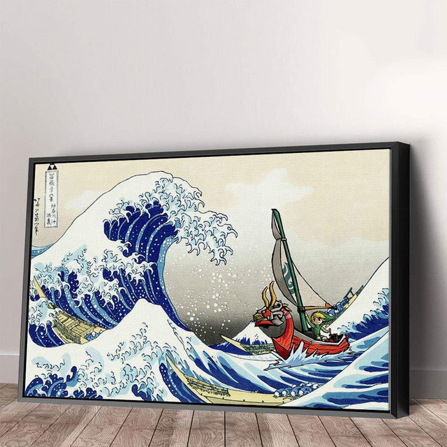 Great Wave of Kanagawa Inspired Cartoon Canvas Wall Art | Japanese Anime Style Ocean Print | Handmade Home Décor – Various Sizes (36in x 24in Modern Black Framed)