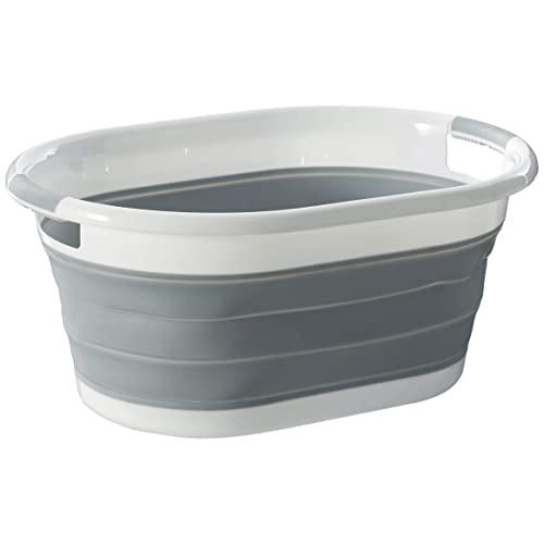 HOMZ Oval, White and Grey Collapsible Plastic Laundry Basket