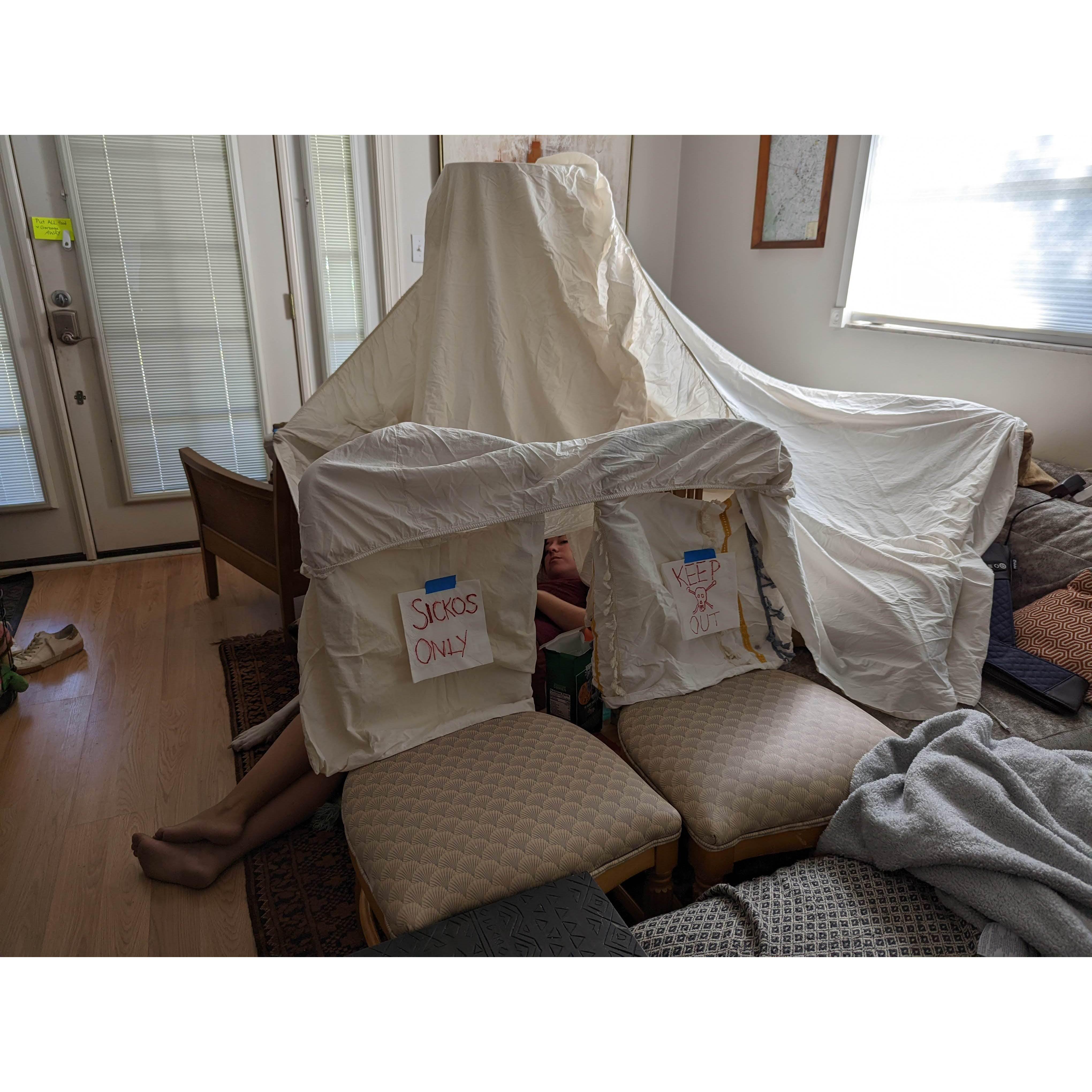 Shortly after Kasey and Audrey moved in together, Audrey thought she had Covid (she did not). She built a quarantine tent and played Zelda for the first time in her life for 2 days straight.