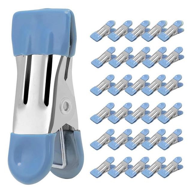 Clothes Pins Heavy Duty 30 Pack - 2.19 Inch Metal Chip Clips, Clothespins for Photo Drying Clothesline Laundry Sock, Bag Clips for Food Kitchen Stainless Steel with Rubber, Blue