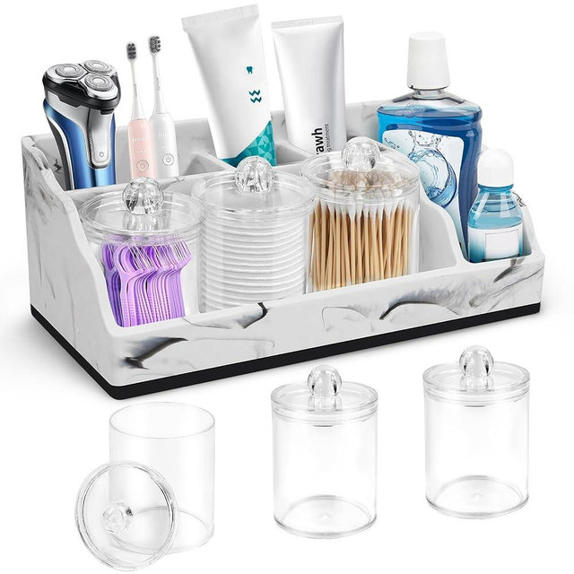 MSBRCH Bathroom Organizer Countertop, White Marble Toothbrush Holders for Bathrooms with 3PCS Qtip Holder Dispenser, Toothbrush and Toothpaste Holder for Bathroom Counter Organization Storage Vanity