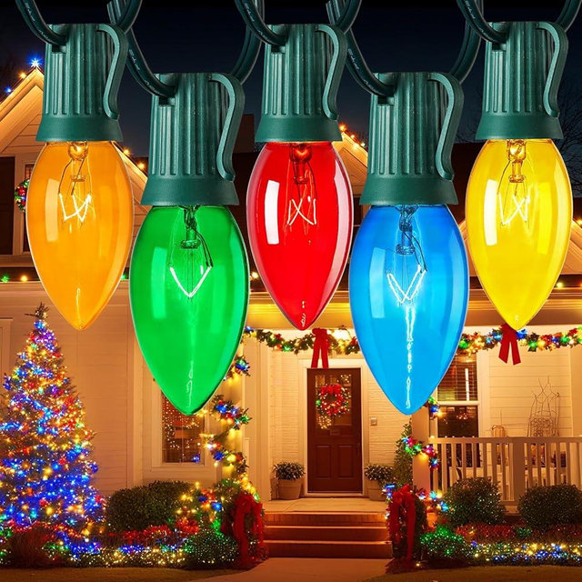 Minetom C9 Bulb String Lights Outdoor 100 Feet Multicolored Christmas Lights Green Wire for Outdoor Patio Room Christmas Tree Party Backyard Xmas Decoration, E17 Base, 100+4 Bulbs, Not Connectable