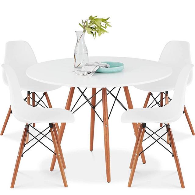 Best Choice Products 5-Piece Dining Set, Compact Mid-Century Modern Table & Chair Set for Home, Apartment w/ 4 Chairs, Plastic Seats, Wooden Legs, Metal Frame - Brown/White
