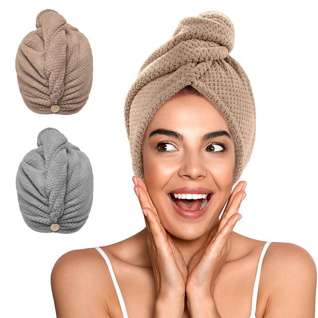 YFONG 2 Pack Microfiber Hair Towel Wrap for Women, Super Absorbent Quick Dry Hair Turban for All Hair Style Anti Frizz, Large Hair Drying Towel with Button